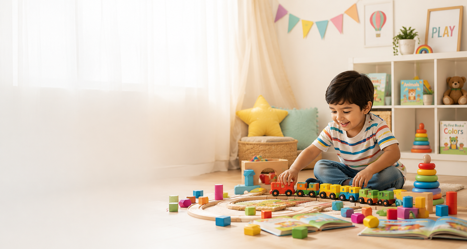 Child playing with toys and books